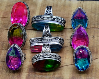 Bi-Color Gemstone Ring , Multi Color Silver Plated Designer Rings Jewelry, Wholesale Ring for women, Bi-Color crystal Boho Rings Jewelry