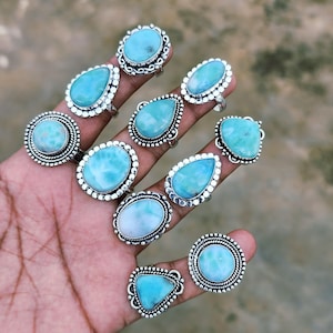 Natural Larimar Gemstone Rings For Women Larimar Crystal Handmade Rings 925 Silver Plated Wholesale Rings Jewelry Bulk Sale