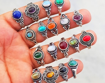 Natural Assorted Gemstone Ring, Assorted Crystal Handmade Ring, Ring For Women, Silver Plated Ring, Wholesale Lot Jewelry Bulk Sale!