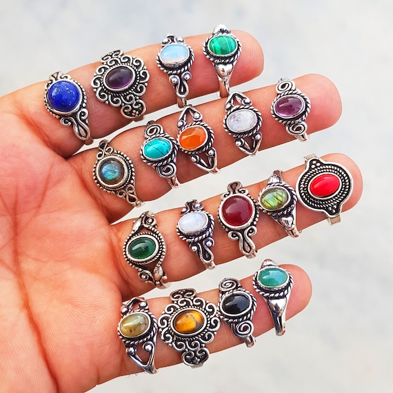 Natural Assorted Gemstone Ring Assorted Crystal Handmade Ring Ring For Women Silver Plated Ring Wholesale Lot Jewelry Bulk Sale