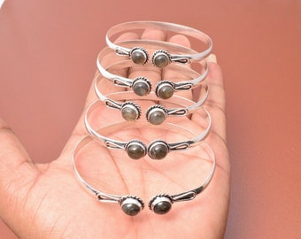 5-100 Pcs Labradorite Gemstone 925 Silver Plated Adjustable Cuff Bangles Jewelry