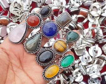 Natural Assorted Crystal Rings Lot, Silver Overlay & Brass Alloy Rings, Boho Rings, Ethnic Cuff Bangles, Rings For Women Jewelry,