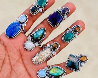 Anillos para mujer, cristales naturales multicolor hechos a mano, joyería para mujer, surtidos, piedras preciosas dobles, anillos chapados en plata, lote al por mayor