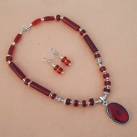 Garnet Necklace Earrings Set, Garnet Gemstone Handmade Necklace For Women,  Wholesale Silver Overlay Jewelry