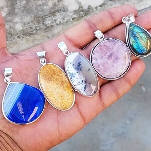 Assorted Gemstone Pendant Necklace, Crystal Silver Plated Handmade Pendants Jewelry, Pendant For Women Bulk Sale, Multi Color Pendants image 3