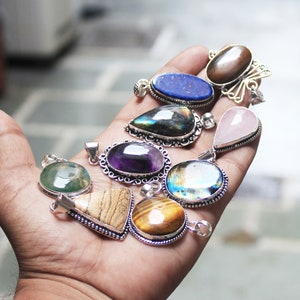 Assorted Gemstone Pendant Necklace, Crystal Silver Plated Handmade Pendants Jewelry, Pendant For Women Bulk Sale, Multi Color Pendants image 1