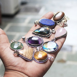 Assorted Gemstone Pendant Necklace, Crystal Silver Plated Handmade Pendants Jewelry, Pendant For Women Bulk Sale, Multi Color Pendants