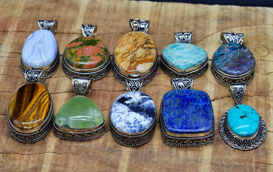 Natural Assorted Gemstone Pendant, Silver Plated Designer Pendants