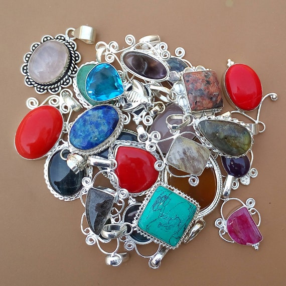 Assorted Gemstone Pendant Necklace Crystal Silver Plated Handmade