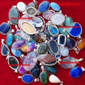 Assorted Gemstone Pendant Necklace, Crystal Silver Plated Handmade Pendants Jewelry, Pendant For Women Bulk Sale, Multi Color Pendants image 6