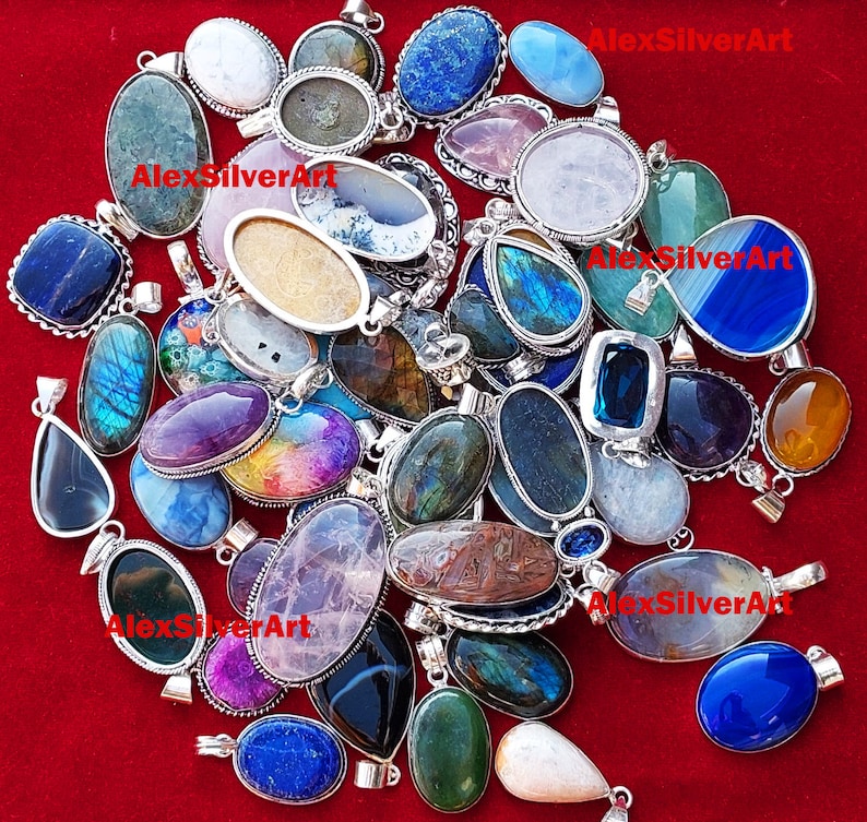 Assorted Gemstone Pendant Necklace, Crystal Silver Plated Handmade Pendants Jewelry, Pendant For Women Bulk Sale, Multi Color Pendants image 6