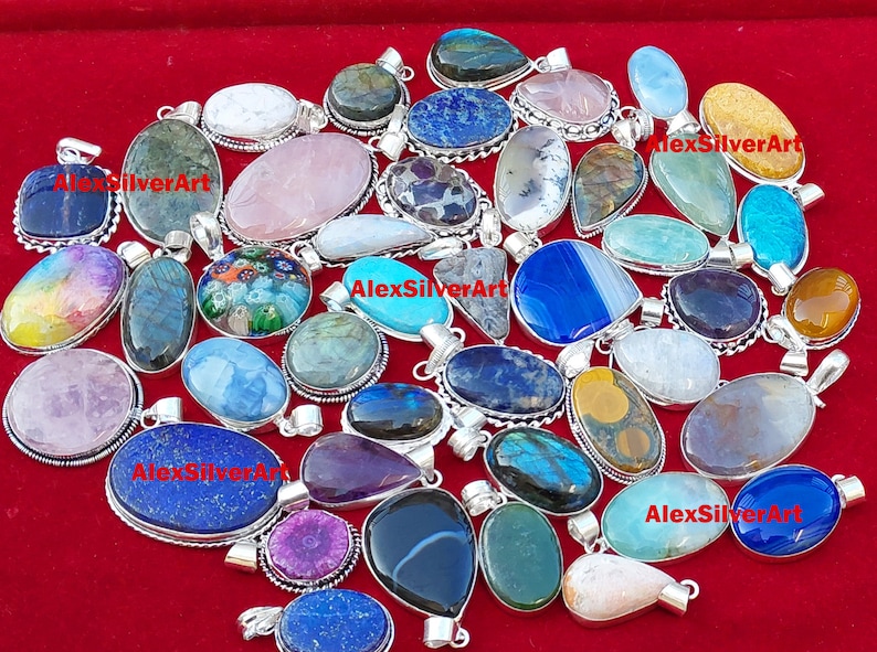 Assorted Gemstone Pendant Necklace, Crystal Silver Plated Handmade Pendants Jewelry, Pendant For Women Bulk Sale, Multi Color Pendants image 4