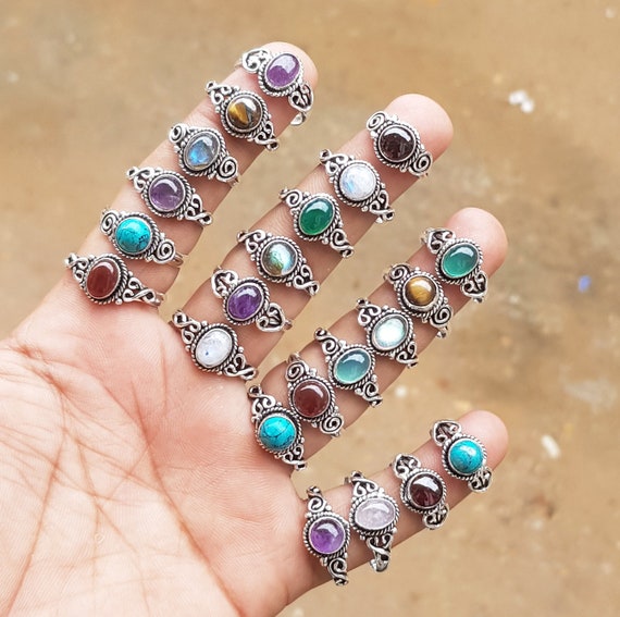 Wholesale Lot Rainbow Moonstone Rings – 925 Silver Plated, Mix Sizes, Handmade From India