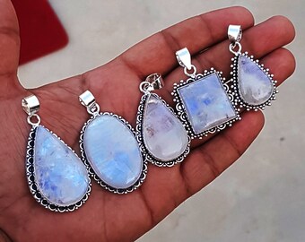 16 Pcs Blue Fire Rainbow Moonstone Gemstone Handmade Pendant Necklace, Rainbow Moonstone Crystal Pendant for women Jewelry, Pendant Lot