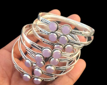 Rose Quartz Gemstone 925 Silver Plated Adjustable Cuff Bangles Jewelry