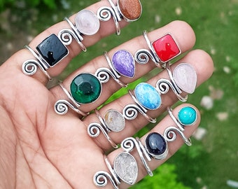 Assorted Gemstone Adjustable Ring, Assorted Crystal Handmade Ring, Ring For Women, Silver Plated Ring, Wholesale Rings Jewelry Bulk Sale!