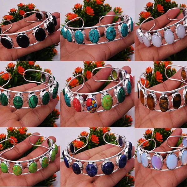10X14 mm Oval stone Bangle Bracelet, All Color Multi Gemstone Bangle Bracelet, 925 Silver Plated Bangle, Adjustable Cuff Bangle Jewelry