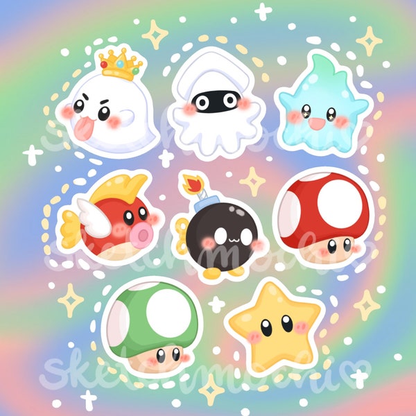 Cute Mario Inspired Lumalee Luma Bloop King Boo Toad Mushroom Cheep Cheep Stickers / Video Game Vinyl Die Cut Stickers