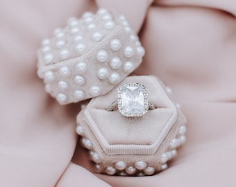 Hexagon Modern Pearl Ring Box, Pearl Proposal Box, Blush Velvet Ring Box, Proposal Ring Box, Engagement Ring, Engagement Gift, Bridal Gift