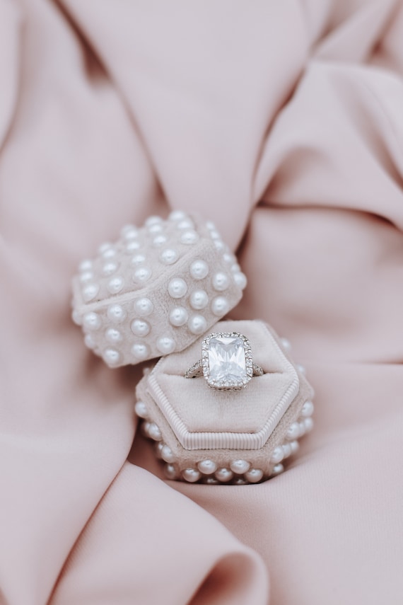 Hexagon Modern Pearl Ring Box Pearl Proposal Box Blush Velvet