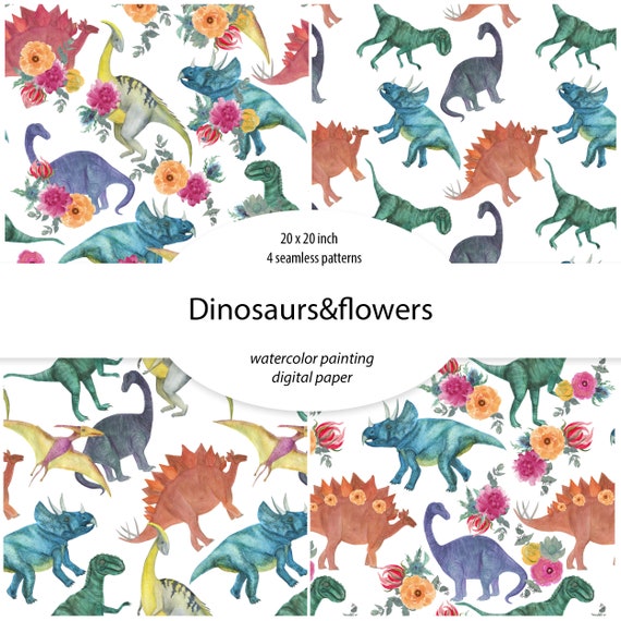 Download Watercolor Digital Paper With Dinosaurs And Flowers Seamless Etsy