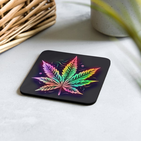 Cute Weed Leaf Cork-Back Drink Coaster Rainbow Colors | Weed Accessories | Cannabis Stoner Gifts For Her And Him | Hippie Decor