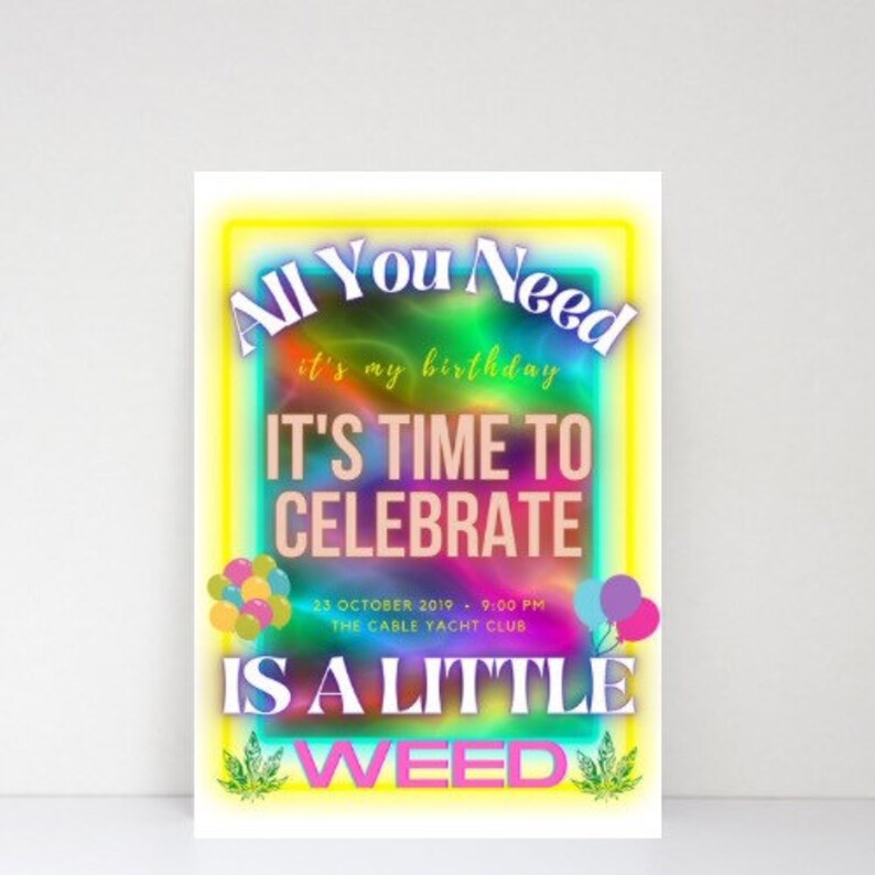 Cannabis Birthday Invitation, Weed Party, Stoner Girl, Customized Card ...