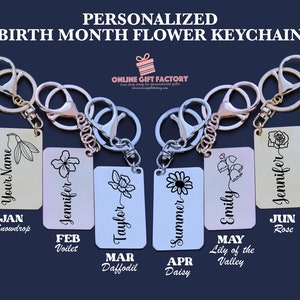 Personalized Birth Month Flower Tattoo Keychain, Customized flower Metal keychain, Name Keychain , Mother’s Day gift