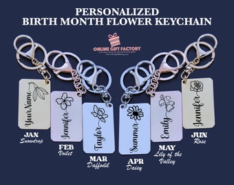 Personalized Birth Month Flower Tattoo Keychain, Customized flower Metal keychain, Name Keychain , Mother’s Day gift
