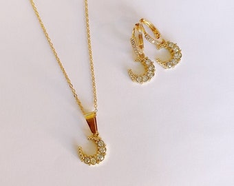 Crystal "Moonlight" Necklace and Earring Set | Crystal Moon Huggies | Crystal Huggies | Gold Moon Hoop Earrings | Zirconia Crystal Huggies
