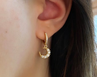 Crystal "Moonlight" Huggies | Moon Earrings | Crescent Moon Hoops | Gold Hoop Earrings | Crystal Huggie Earrings | Zirconia Crystal Earrings