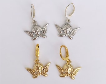 ゴールド/シルバーメッキの「Heaven Sent」エンジェルイヤリング、美しいイヤリング、トレンディなエンジェルジュエリー、エンジェルフープ、ゴールドエンジェルイヤリング、シルバーエンジェル