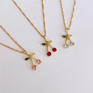 Gold &quot;Cherry Bomb&quot; Crystal Cherry Necklace, Charm Necklace, Cherry Pendant, cute cherry jewelry, pink, white, red, gold necklace