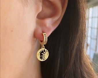 Gold "Celeste" Hoop Earrings, celestial earrings, sun earrings, sun jewelry, moon jewelry, coin earrings, gold earrings, birthday gift