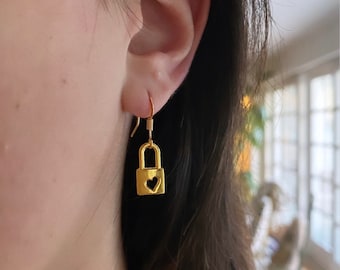 Vergulde Heart Lock Earring, Lock Oorbellen, Hangslot oorbellen, gouden hangslot charme oorbellen