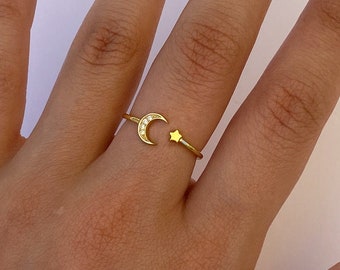 Gold Plated "Moon Child" Silver Adjustable Ring, Celestial Ring, Star ring, Dainty ring, Moon Ring, Star Ring, Minimalist Ring, Open Ring,
