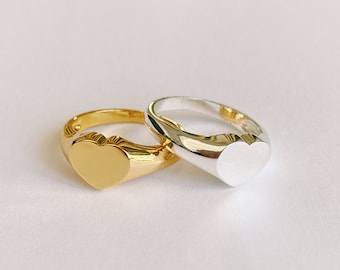 Gold Plated "With Love" Stainless Steel Signet Heart Ring, Minimalist Ring, Dainty Stacking Ring, Trendy Cute Ring, Gold and Silver Ring
