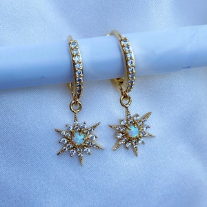 Opal &quot;North Star&quot; Huggies, Astra Huggies, Dainty Star Earrings, Opal Star Hoops, Star Hoop Earrings, Opal Earrings, Celestial Hoops