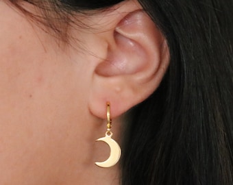 Gold "Over the moon" Moon Hoop Earring | Dainty Moon Huggie Earrings | Moon dangle earrings | tiny gold hoops | dainty gold earrings
