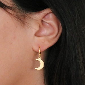 Gold &quot;Over the moon&quot; Moon Hoop Earring | Dainty Moon Huggie Earrings | Moon dangle earrings | tiny gold hoops | dainty gold earrings