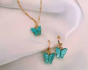 Juego de pendientes y collares de mariposa / Conjunto de joyas de mariposa / azul rosa blanco naranja amarillo púrpura mariposa