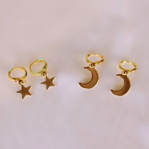Gold Star and Moon Earring Bundle | Celestial Earrings | Dainty Star Moon Earrings | Moon Hoops | Star Hoops | Small Gold Hoop Earrings