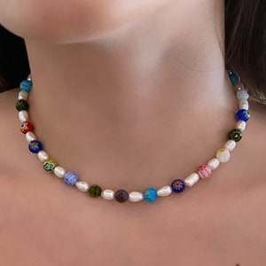 Colorful &quot;Positano&quot; Millefiori Beaded Necklace, Freshwater Pearl Necklace, Beaded Choker, Trendy Necklace, Trendy Pearls, Summer Necklace