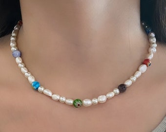 Colorful Millefiori and Pearl "Amalfi" Beaded Necklace, Freshwater Pearl Necklace, Beaded Necklace, Summer Necklace, Trendy Pearl Necklace