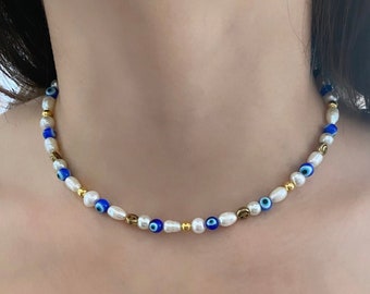 Perle "Glücksbringer" Evil Eye Halskette, Perlen Halskette, Blaue Halskette, Perle Choker, trendige Halskette, Funky Halskette, Evil Eye Schmuck