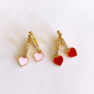 Gold &quot;Sweetheart&quot; Crystal Huggie Earrings, Gold Heart earrings, dainty heart earrings, pink heart, red heart, heart hoops