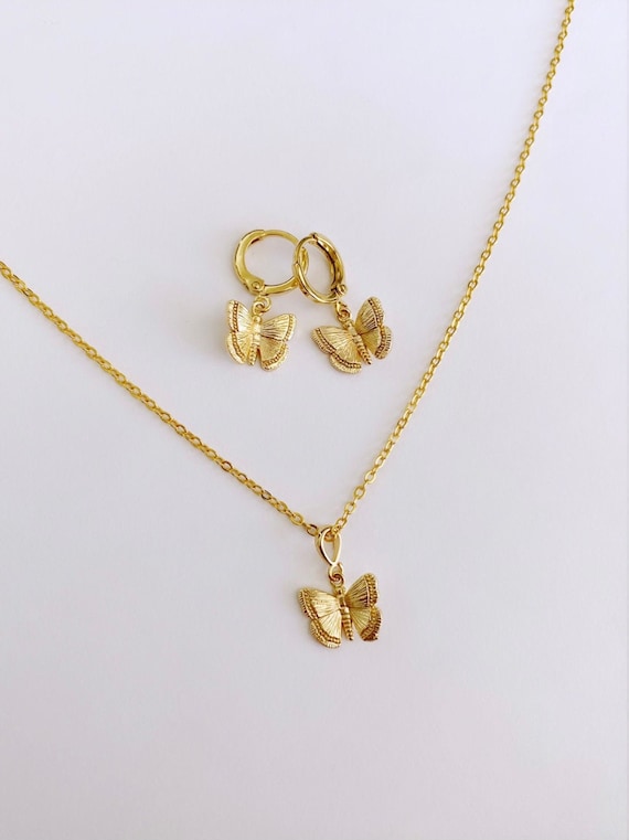 Gold "Flutter" Butterfly Bundle, Gold butterfly necklace, butterfly choker, butterfly jewelry, gold necklace and earrings, butterfly earring
