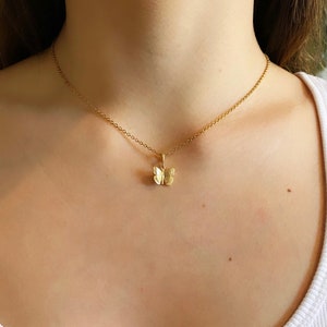 May include: A gold chain necklace with a small butterfly pendant.