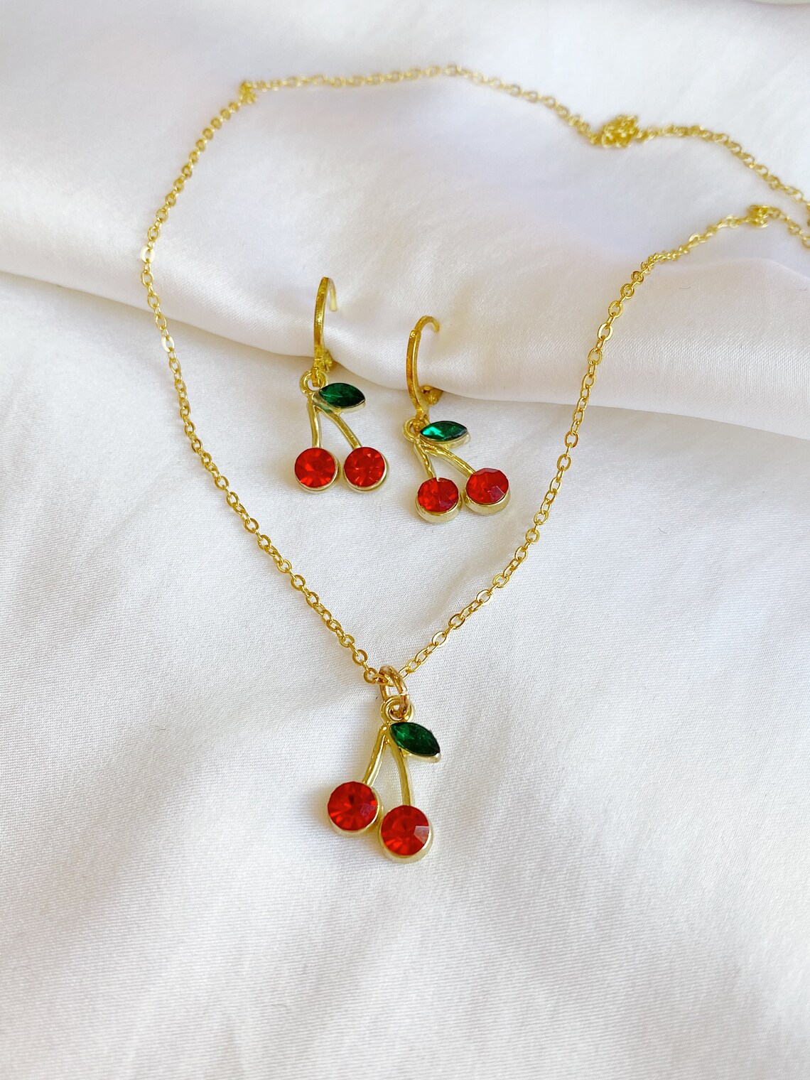 Gold Cherry Jewelry Set Cherry Earrings Cherry Necklace Etsy