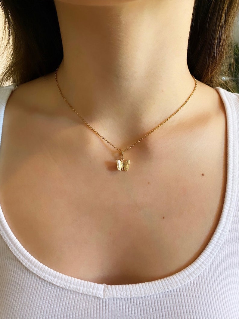 May include: A gold chain necklace with a small butterfly pendant.